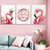 Canvas Print Wall Décor Art Flamingo King and Queen Water Color Drawing Pictures Pink Sweet Love Home Decorations Stretched and Framed Set of 3 Piece 30" x 40" / Panels for Bathroom Living Room Office