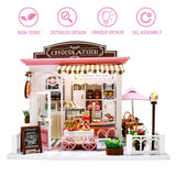 Miniature Dollhouse Kit DIY Dollhouse Wooden Miniature Furniture Kit Mini Pink Chocolate Store with LED Light Sweet Birthday for Women and Girls 1:24 Scale with Tools and Dust Cover