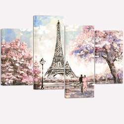 Visual Art Decor Couple on Fancy Pink and Purple Blossoming Paris Street Eiffel Tower Scenery Painting Picture Printed on Canvas Stretched Ready to Hang Home Wall Art Decoration (02 Pink)