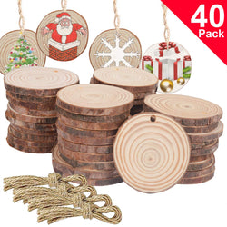 Natural Wood Slices 40pcs Unfinished Wood Slices for Ornaments Crafts Centerpieces DIY Rustic Predrilled with Hole Wooden Circles Christmas Tree Ornaments