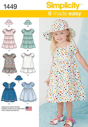 Simplicity 1449 Easy to Sew Toddler Girl's Dress and Hat Sewing Patterns, Sizes 2-4