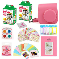 Fuji Instax Mini Instant Film Two Twin Packs (40 Sheets) + Protective Case + 40 Sticker Frames + Picture Frames + Photo Album + Microfiber Cleaning Cloth + More Accessories (Flamingo Pink)