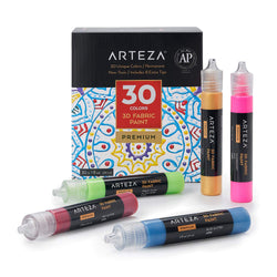 Arteza 3D Fabric Paint, Set of 30, Metallic & Glitter Colors, 1oz Tubes, Glow-in-The-Dark & Vibrant Shades, Textile Paint for Clothing, Accessories, Ceramic & Glass