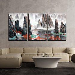 wall26 3 Piece Canvas Wall Art - Chinese Landscape Misty Mountains and Water - Modern Home Decor Stretched and Framed Ready to Hang - 24"x36"x3 Panels