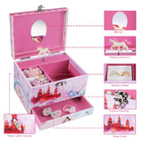 Abody Girl's Musical Jewelry Storage Box, Music Jewelry Box with Spinning Horse, Pullout Drawer and Ring Slots, Includes Bonus 4 Clips and 2 Hair Bows, Pink Castle Design