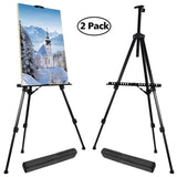 T-SIGN 66 Inches Reinforced Artist Easel Stand, Extra Thick Aluminum Metal Tripod Display Easel 21 to 66 Inches Adjustable Height with Portable Bag for Floor/Table-Top Drawing and Displaying, 2 Pack