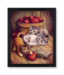 Country Kitten Kitty Cat Apple Animal Picture Black Framed Art Print