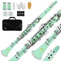 EASTROCK Clarinet Bb Flat 17 Nickel Keys Green Beginner Clarinet for Student with 2 Barrels Hard Clarinet Cas and Clarinet Cleaning Kit.
