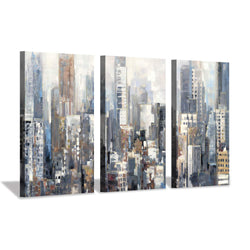 Abstract Cityscape Canvas Wall Art: City Artwork Picture Painting Prints on Canvas for Bedroom (34'' x 20'' x 3 Panels)
