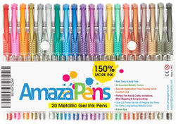 AmazaPens Gel Pens 20 Metallic Top Quality Coloring Pens with Storage Case | 150% More Ink Than Other Gel Ink Pen Sets | Best for Adult Coloring Books and Art & Craft Use