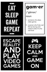 Gaming Posters, Set of 4, 11x17 Inches, Video Game Artwork, Gamer Wall Art, Boys Room Kids Print Black