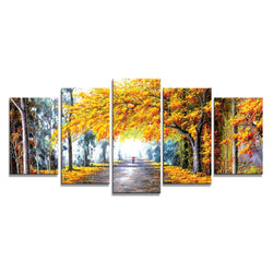 Wieco Art Giclee Canvas Prints Wall Art Autumn Love Picture by Oil Paintings Reproduction for Bedroom Kitchen Home Decorations Modern 5 Panels Framed Abstract Landscape Forest Photo Printed Artwork