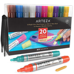 Arteza Acrylic Paint Markers, Set of 20 Assorted Color Pens, Replaceable Tips, Water-Based, for Rocks, Canvas, Glass, Wood, Pottery and Plastic