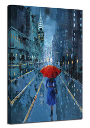 Ardemy Canvas Wall Art Modern Blue New York Cityscape Painting Picture, Lady with Red Umbrella Street Scenery One Panel Framed for Living Room Bedroom Home Office Decoration, Original Design, 40"x30"