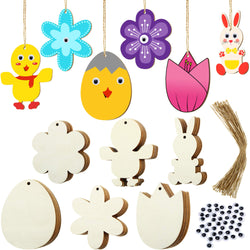120 Pieces Unfinished Wood Easter Ornaments Egg Bunny Duck Tulip Shape Cutouts with Holes Hang Tags Favor Tags Gift Tags Treats Tags with Twines and Googly Wiggle Eyes for Easter Springtime Craft