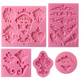 Funshowcase Baroque Style Curlicues Scroll Lace Fondant Silicone Mold for Sugarcraft, Cake Border Decoration, Cupcake Topper, Jewelry, Polymer Clay, Candle Accent, Crafting Projects, 5 in Set