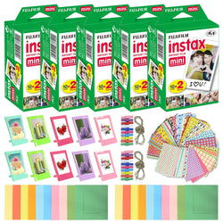 Fujifilm Instax Mini Instant Film (5 Pack, 100 Sheets) 10 Plastic Desk Frames + 20 Paper Frames Plus 60 Sticker Frames