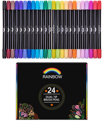 Rainbow Premium Dual Tip Pens - 24 Unique Watercolors - Gift Box - Fineliner & Brush Tips - Water Based Ink - Non Bleed - Art Marker Set for Coloring, Journaling, Sketching, Lettering, Calligraphy