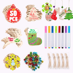 Joyjoz 50Pcs Christmas Wooden Ornaments Unfinished, 5 Styles Craft Wood Kit for Crafts Christmas Ornaments DIY Crafts with 8 Markers and 60 Jingle Bells