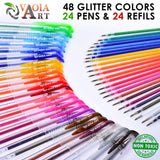 Glitter Gel Pens for Kids, Girls, Adult Coloring - Color Gel Pens with Glitter Refills - Sparkly Color Gel Pens for Drawing, Coloring, Spirograph - 48 Piece Set, 24 Glitter Gel Pens Plus 24 Refills