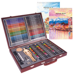 93 Piece Deluxe Art Set in Wooden Case, with 2 x 50 Page Drawing Pad, Color Pencils, Oil Pastels, Sketch Pencils,Sharpener,Mannequin,Art Supplies for Kids, Teens and Adults，Professional Art Kit