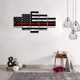 Thin Red Line Firefighter USA US American Flag Canvas Prints Wall Art Vintage Wooden Background Home Decor Decal Fireman Flag Pictures 5 Panel Large Poster Painting Framed Ready to Hang (50"Wx24"H)