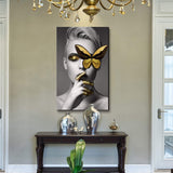 Canvas Wall Art Abstract Sexy Beauty with Gold Butterfly Black and White Wall Decor, Fashion Women Art Modern Wall Painting for Home Decor Stretched Ready to Hang 24x36 inches