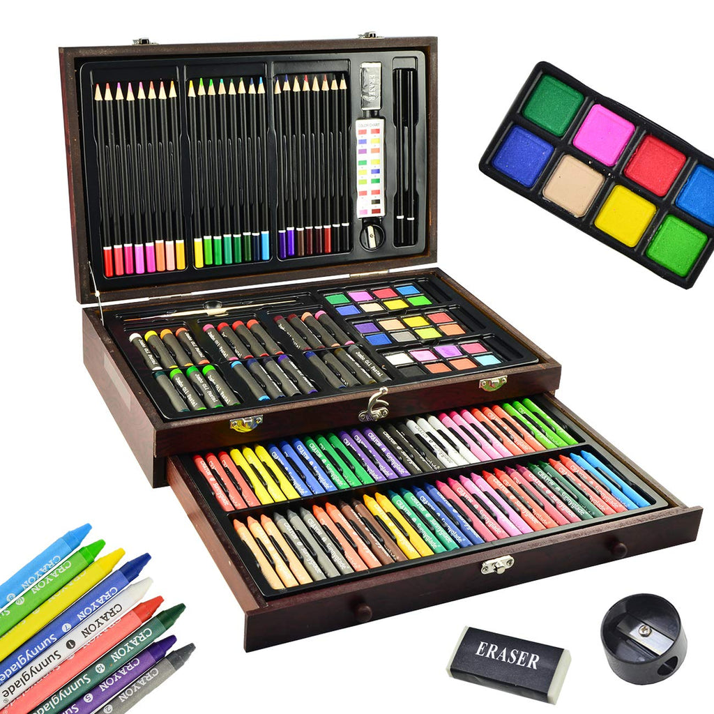Sunnyglade 145 Piece Deluxe Art Set, Wooden Art Box & Drawing Kit with Crayons, Oil Pastels, Colored Pencils, Watercolor Cakes, Sketch Pencils, Paint