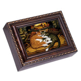 Cottage Garden Cats Sleeping On a Hearth Fireplace Burlwood Rope Trim Jewelry Music Box Plays Canon in D