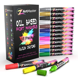 Paint Markers 15 Color Set - Medium Point Permanent Oil Based Paint Pens for Calligraphy, lettering, Rock Painting, Metal, Ceramic, Porcelain, Glass, Wood, Fabric, Canvas and MORE!