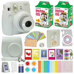 Fujifilm Instax Mini 9 Instant Camera Smokey White with Carrying Case + Fuji Instax Film Value Pack (40 Sheets) Accessories Bundle, Color Filters, Photo Album, Assorted Frames, Selfie Lens + More