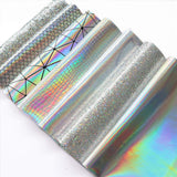 ZAIONE 7Pcs/Set 8" x 12"(20cm x 30cm) A4 Bundle Leather Sheets Mixed Silver Series Holographic Sparkle Fine Chunky Glitter Faux Leather Fabric Bow Earrings Making DIY Craft（Silver Series）