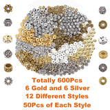 EuTengHao 600pcs Spacer Beads Jewelry Bead Charm Spacers Alloy Spacer Beads for Jewelry Making DIY Bracelets Necklace and Crafting (12 Styles,Silver and Gold)
