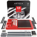 Arteza Drawing Set for Adults, Set of 33 Artist Sketching Tools, Includes 20 Graphite & 4 Charcoal Sketch Pencils, 1 Fineliner, 3 Blenders, 1 Sharpener, 3 Erasers & 1 Hobby Knife