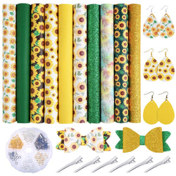 Caydo 10 Pieces Sunflowers Printed Faux Leather Sheet Include 3 Kinds of Leather Fabric with Earring Hooks, Hair Clips for Making Hair Bows and Earrings (8.2 x 6.3 inch)