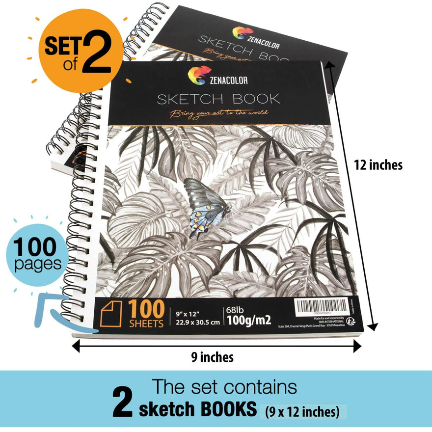 Arteza Sketchbook, Spiral-Bound Hardcover, Black, 9x12, 200 Pages of  Drawing Paper Each - 2 Pack 
