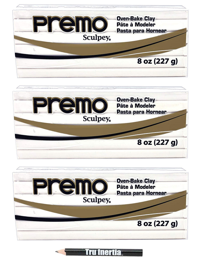 Premo Sculpey Polymer White Clay - Oven-Baked Clay 8 Ounce Pack of 3 with Tru Inertia Pencil