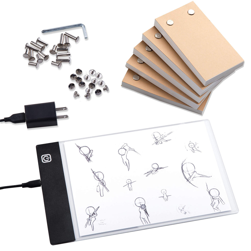 Flip Book Kit with Mini LED Light Pad Hole Design 3 Level Brightness  Control Light Box 300 Sheets Animation Paper Flipbook Binding Screws for  Children Students Adults Drawing Tracing Sketching Cartoon Creation