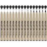 Set of 16 Black Master Markers Micro-Pen Fineliner Ink Pens - 16 Pens with Micro Fine Point, Chisel, Brush & Calligraphy Tip Nibs - Professional Technical Writing Drawing Pens - Artist Illustration