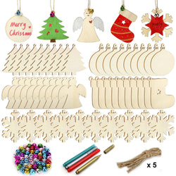 Colovis 50 Pcs Unfinished Wooden Christmas Ornaments,Natural Wood Slices Christmas Tree Ornaments with 50pcs Jute Twine 50 Colorful Bells 4 Color Pens for DIY Art Crafts,Christmas Gift Decoration.