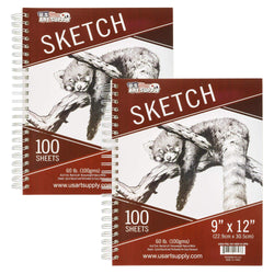 U.S. Art Supply 9" x 12" Side Spiral Bound - 60lb Sketch Drawing Pad (Pack of 2 Pads) - 100 Sheets in Each Sketch Paper PadPad
