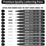 Hand Lettering Pens, Fineliner Drawing pens, Multiliner, 12 Size Black Ink micro Markers Brush Pens Set, for Beginners Artist Calligraphy, Sketch, Technical Painting, Illustrations, Journaling