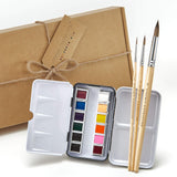 Dynamic Distraction Watercolor Paint Set for Artists - 12 Vibrant Paint Pans, 1 Mixing Tin, 3 Essential Brush Sizes, Cotton Canvas Case - Perfect for Artists, Adults and Students