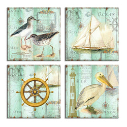 Teal Home Wall Art Decor - Ocean Theme Mediterranean Style Canvas Prints Framed and Stretched Ready to Hang Sea Animal Sailing Seabirds Pictures Posters Bathroom - 16 x 16 Panel Set of 4