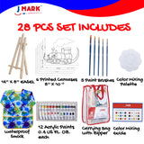 Kids Art Set for Boys - 28-Piece Acrylic Painting Supplies Kit with Storage Bag, 12 Washable Paints, 1 Scratch Free Paint Easel, 6 Pre-Stenciled Canvases 8 x 10 inches, 5 Brushes, 10 Well Palette