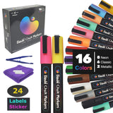 Liquid Chalk Markers, 16 Pack Colors (8 Neon, 6 Classic, 2 Metallic) + 24 Chalkboard Labels Stickers + Tweezer + Cleaning Cloth + 2 Exchange Pen tip, Non-Toxic, Water Based, Marks on Anything. Realyss