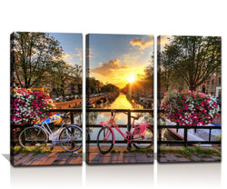 Noah Art-Street Art Print Post Sunrise Over an Amsterdam River Modern Cityscape Artwork Street Paintings on Canvas 3 Panel Stretched Street Wall Art for Living Room Wall Decor, 14x28inchx3pcs