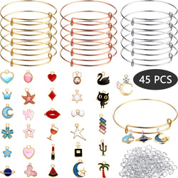 DIY Gold Charm Pendant Assorted with Expandable Bangle Adjustable Wire Bracelets for DIY Craft Jewelry Making, Extra 200 Pack Open Ring (245 Pieces, Style A)