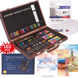 102 Piece Deluxe Art Creativity Set- 2 x 50 Page Sketch Book, 1 x 24 Page Watercolor Pad, Art Supplies in Portable Wooden Case- Oil Pastels, Colored Pencils, Watercolor Cakes, Sharpener-Deluxe Art Set