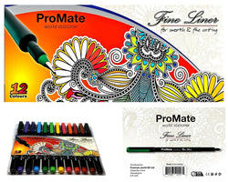 ProMate Fineliner Pens, Non Drying 12 Assorted Colours, Brilliant for Sketching Drawing or Writing, ideal for School Home and Office.